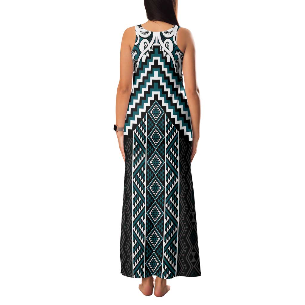 Maori Tukutuku Taniko Motifs Family Matching Tank Maxi Dress and Hawaiian Shirt Teal Poutama Mix Kowhaiwhai