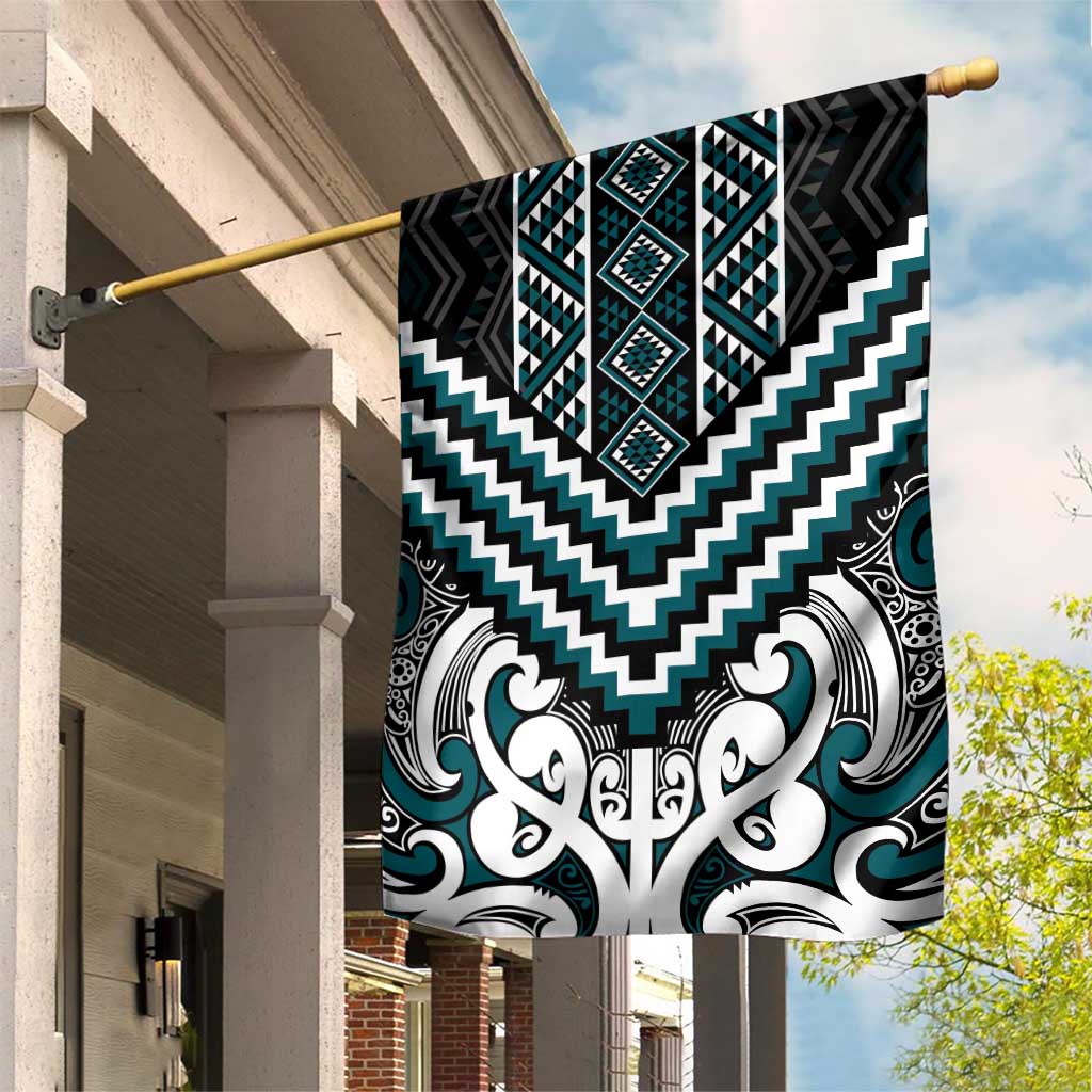 Maori Tukutuku Taniko Motifs Garden Flag Teal Poutama Mix Kowhaiwhai