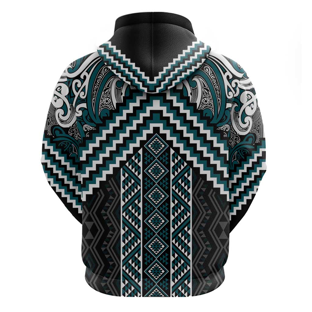 Maori Tukutuku Taniko Motifs Hoodie Teal Poutama Mix Kowhaiwhai