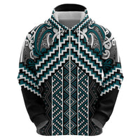 Maori Tukutuku Taniko Motifs Hoodie Teal Poutama Mix Kowhaiwhai