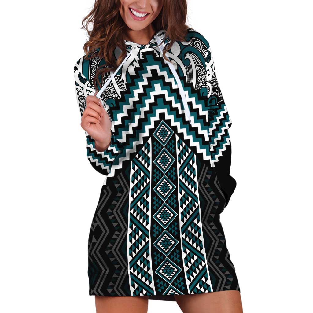 Maori Tukutuku Taniko Motifs Hoodie Dress Teal Poutama Mix Kowhaiwhai LT7 Teal - Polynesian Pride