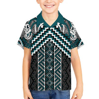Maori Tukutuku Taniko Motifs Kid Hawaiian Shirt Teal Poutama Mix Kowhaiwhai