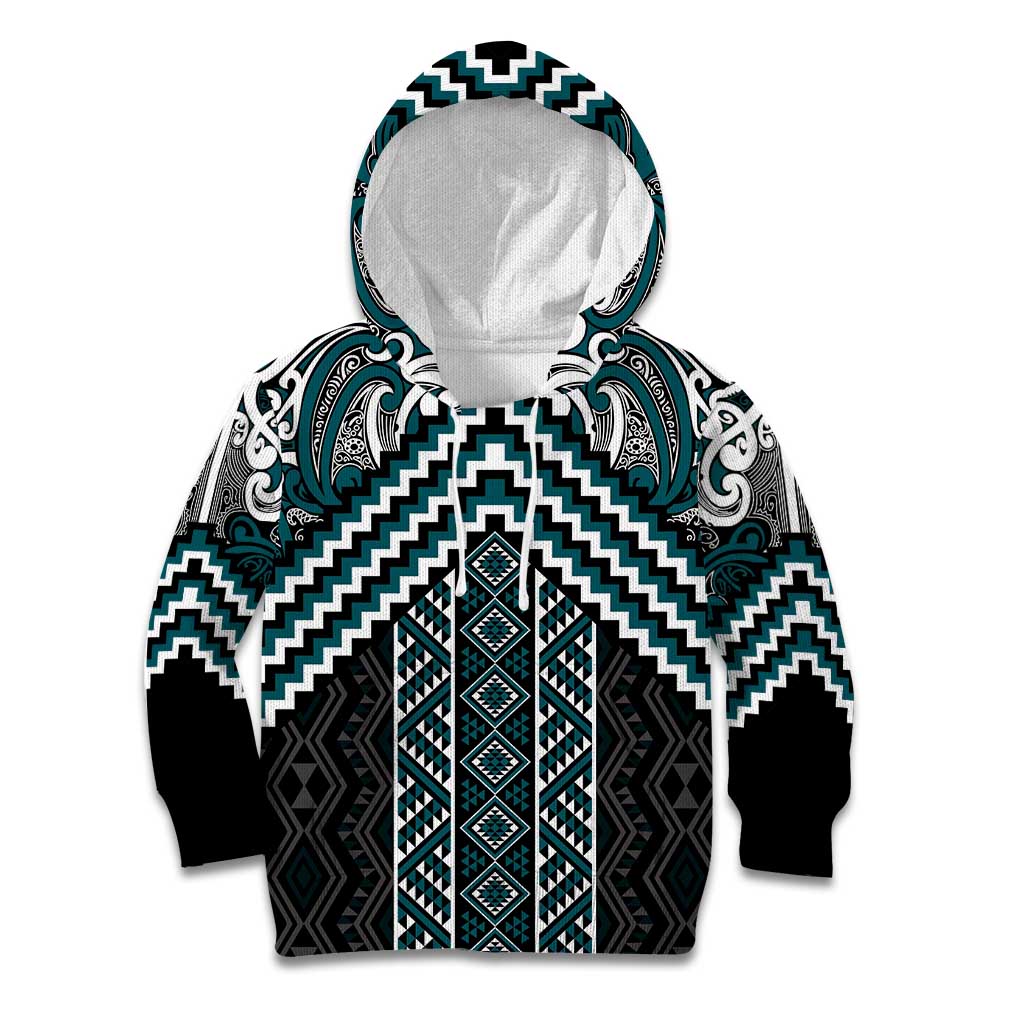 Maori Tukutuku Taniko Motifs Kid Hoodie Teal Poutama Mix Kowhaiwhai
