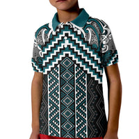 Maori Tukutuku Taniko Motifs Kid Polo Shirt Teal Poutama Mix Kowhaiwhai