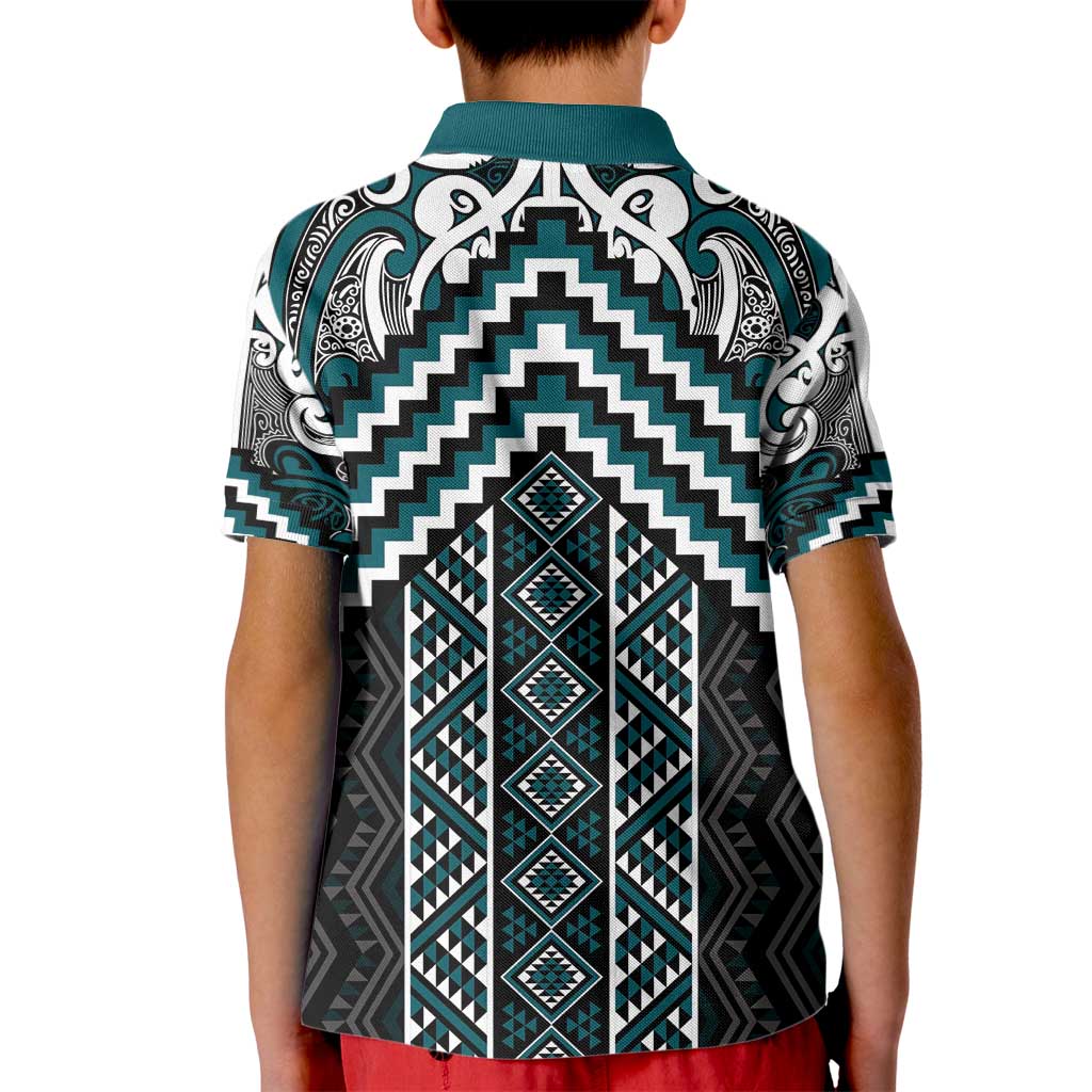 Maori Tukutuku Taniko Motifs Kid Polo Shirt Teal Poutama Mix Kowhaiwhai