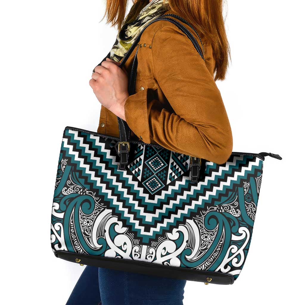 Maori Tukutuku Taniko Motifs Leather Tote Bag Teal Poutama Mix Kowhaiwhai