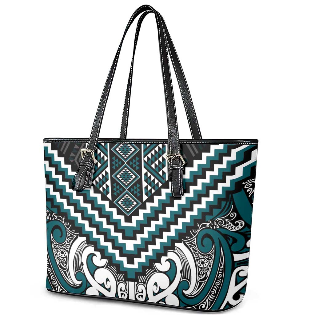 Maori Tukutuku Taniko Motifs Leather Tote Bag Teal Poutama Mix Kowhaiwhai