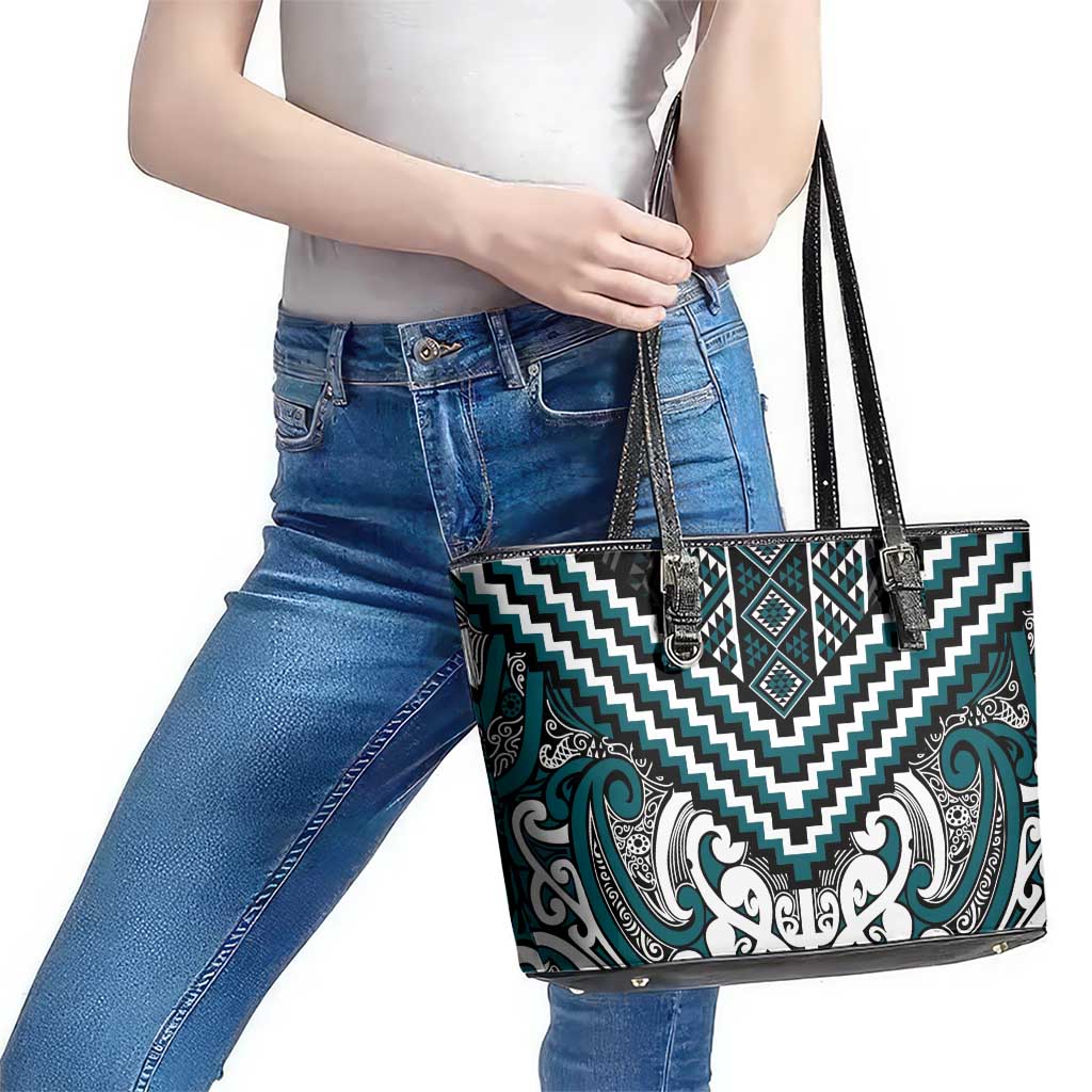 Maori Tukutuku Taniko Motifs Leather Tote Bag Teal Poutama Mix Kowhaiwhai