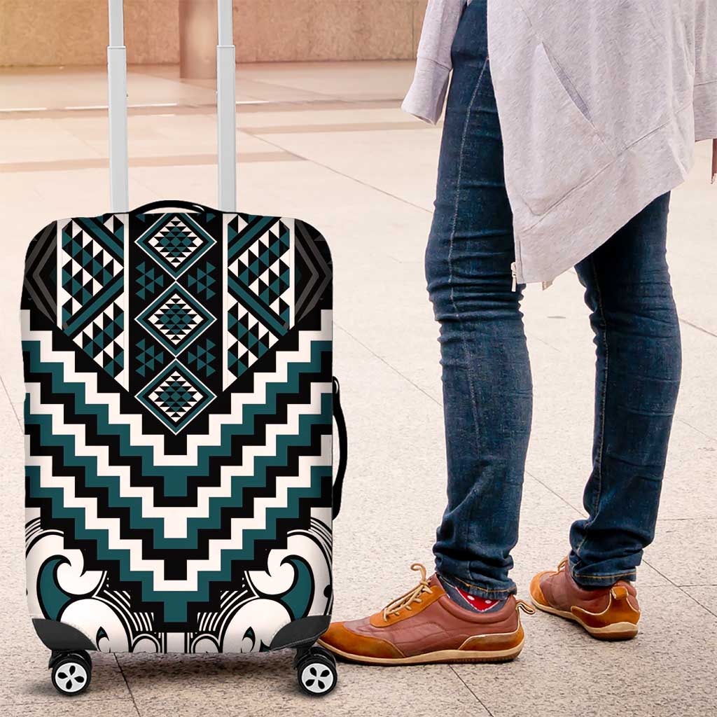 Maori Tukutuku Taniko Motifs Luggage Cover Teal Poutama Mix Kowhaiwhai