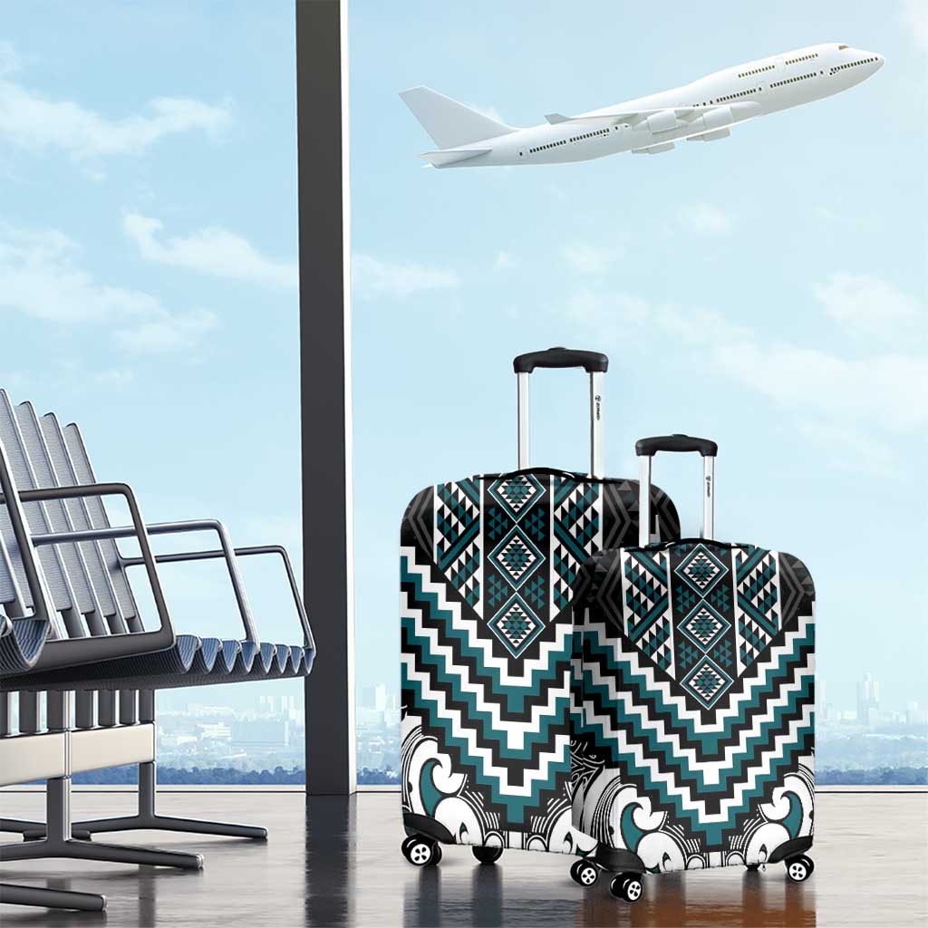 Maori Tukutuku Taniko Motifs Luggage Cover Teal Poutama Mix Kowhaiwhai