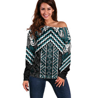 Maori Tukutuku Taniko Motifs Off Shoulder Sweater Teal Poutama Mix Kowhaiwhai