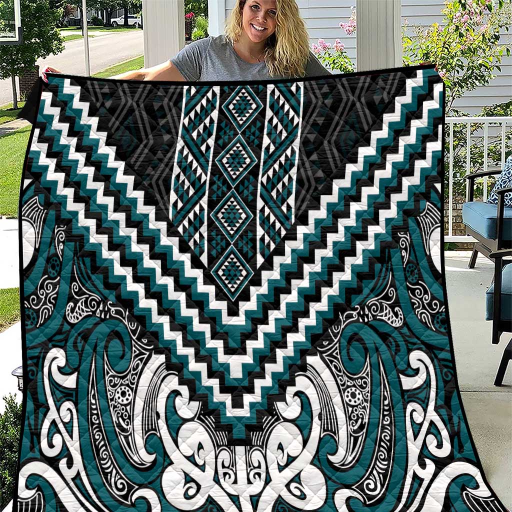 Maori Tukutuku Taniko Motifs Quilt Teal Poutama Mix Kowhaiwhai