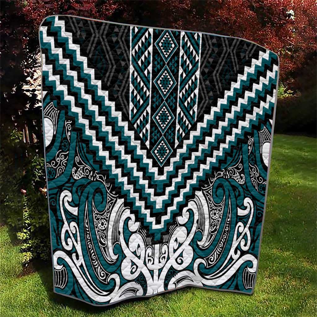 Maori Tukutuku Taniko Motifs Quilt Teal Poutama Mix Kowhaiwhai
