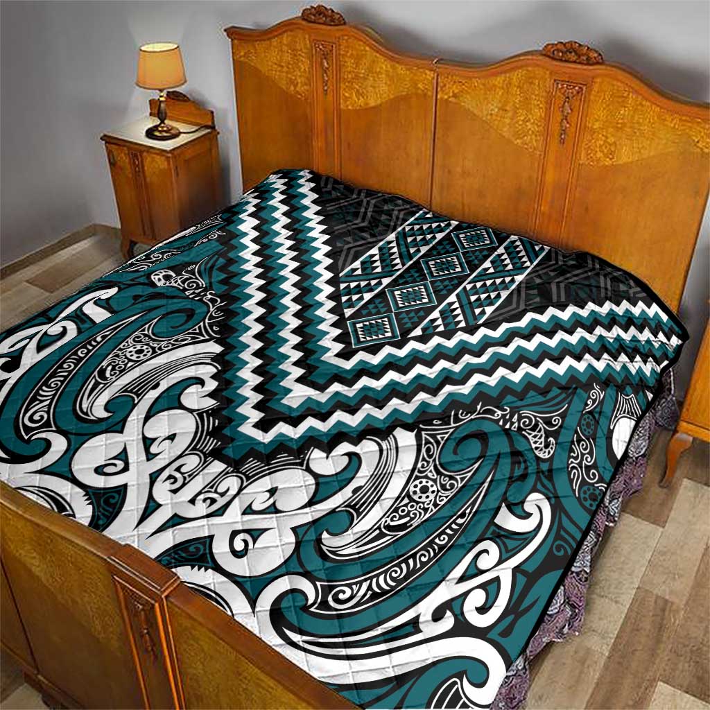 Maori Tukutuku Taniko Motifs Quilt Teal Poutama Mix Kowhaiwhai