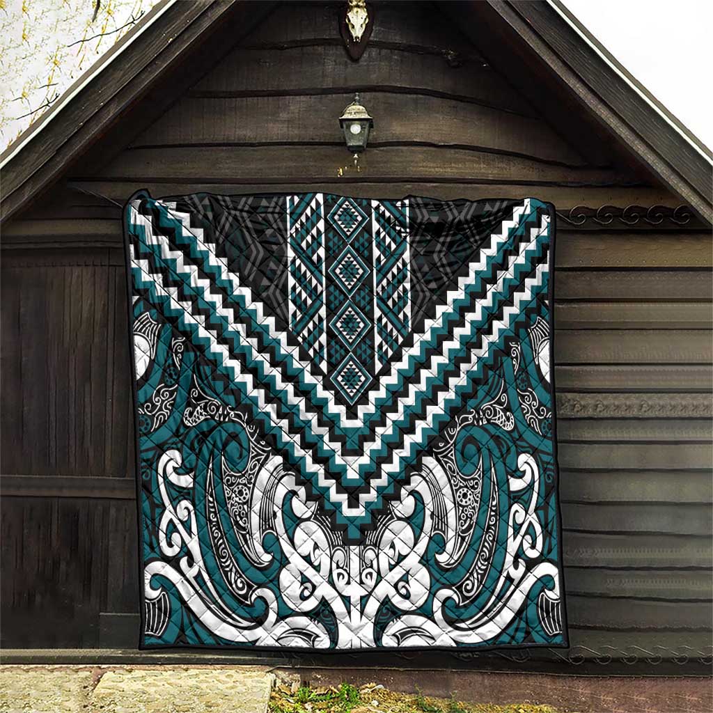 Maori Tukutuku Taniko Motifs Quilt Teal Poutama Mix Kowhaiwhai
