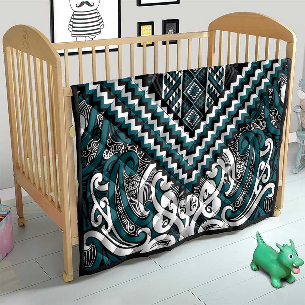 Maori Tukutuku Taniko Motifs Quilt Teal Poutama Mix Kowhaiwhai