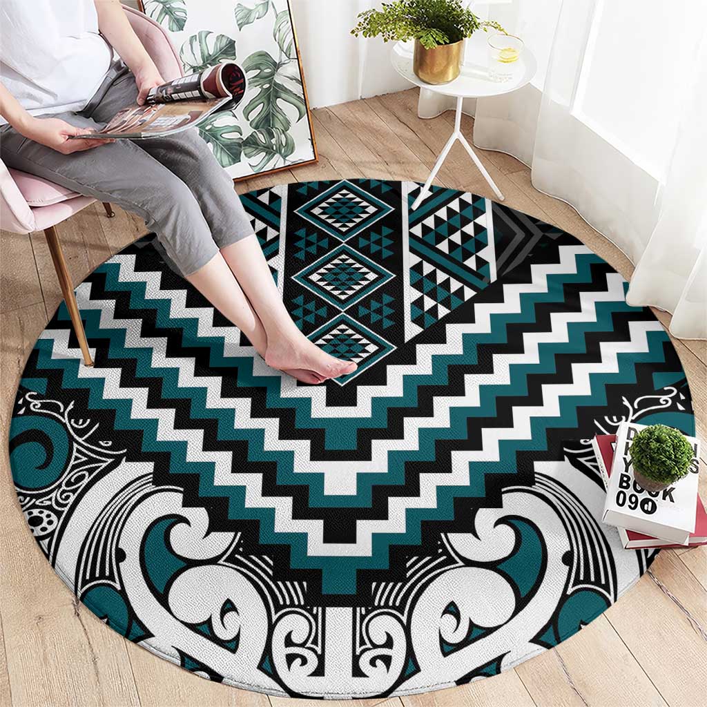 Maori Tukutuku Taniko Motifs Round Carpet Teal Poutama Mix Kowhaiwhai
