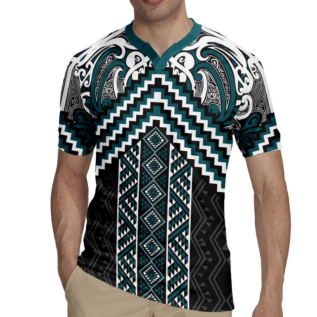 Maori Tukutuku Taniko Motifs Rugby Jersey Teal Poutama Mix Kowhaiwhai