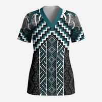 Maori Tukutuku Taniko Motifs Scrub Top Teal Poutama Mix Kowhaiwhai LT7 Adult Teal - Polynesian Pride