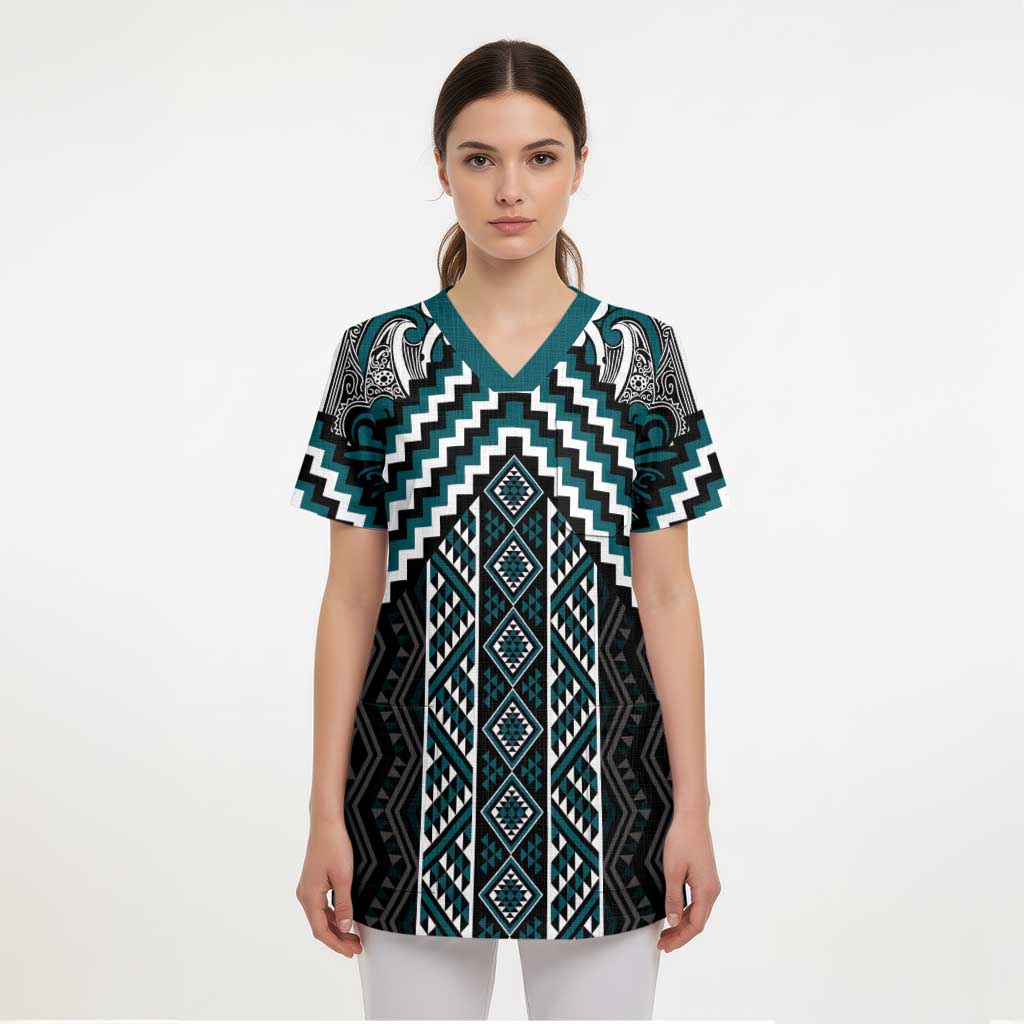 Maori Tukutuku Taniko Motifs Scrub Top Teal Poutama Mix Kowhaiwhai LT7 - Polynesian Pride