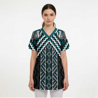 Maori Tukutuku Taniko Motifs Scrub Top Teal Poutama Mix Kowhaiwhai LT7 - Polynesian Pride