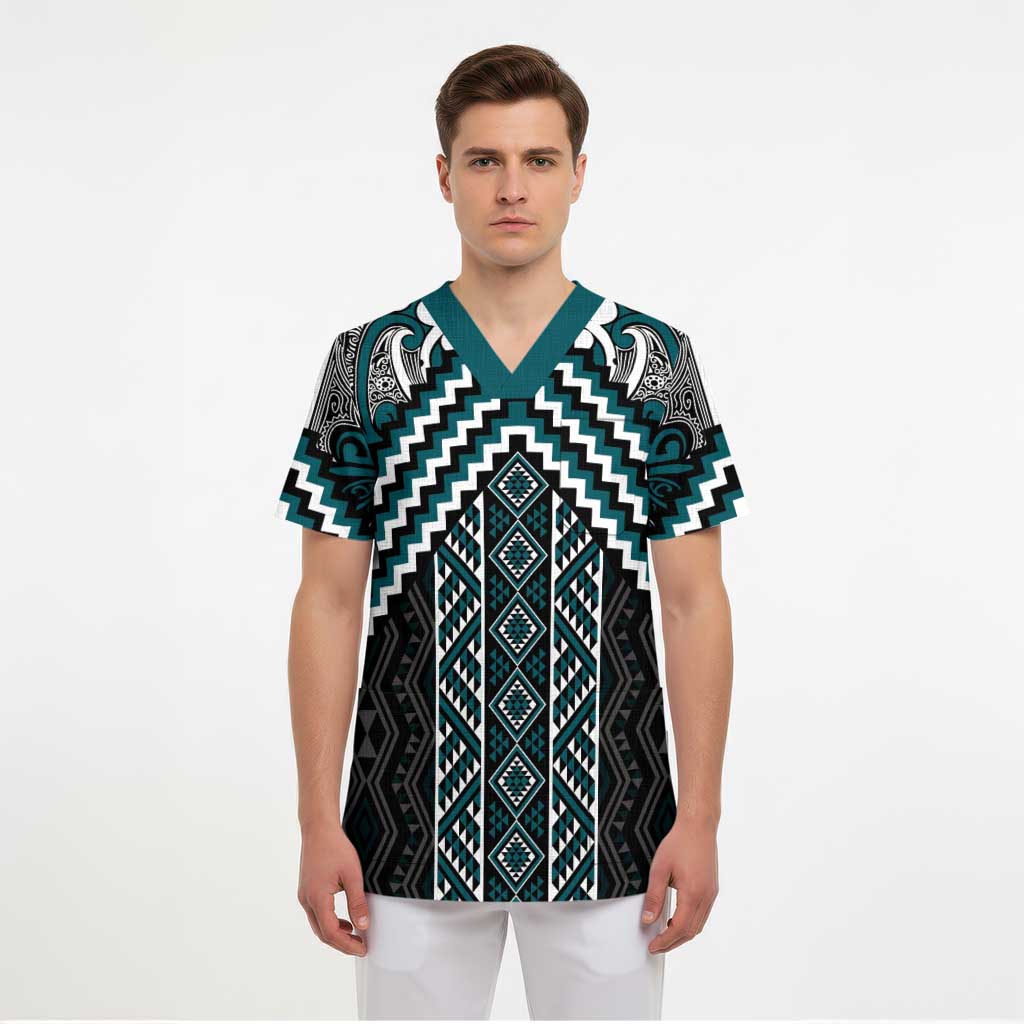 Maori Tukutuku Taniko Motifs Scrub Top Teal Poutama Mix Kowhaiwhai LT7 - Polynesian Pride