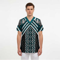 Maori Tukutuku Taniko Motifs Scrub Top Teal Poutama Mix Kowhaiwhai LT7 - Polynesian Pride