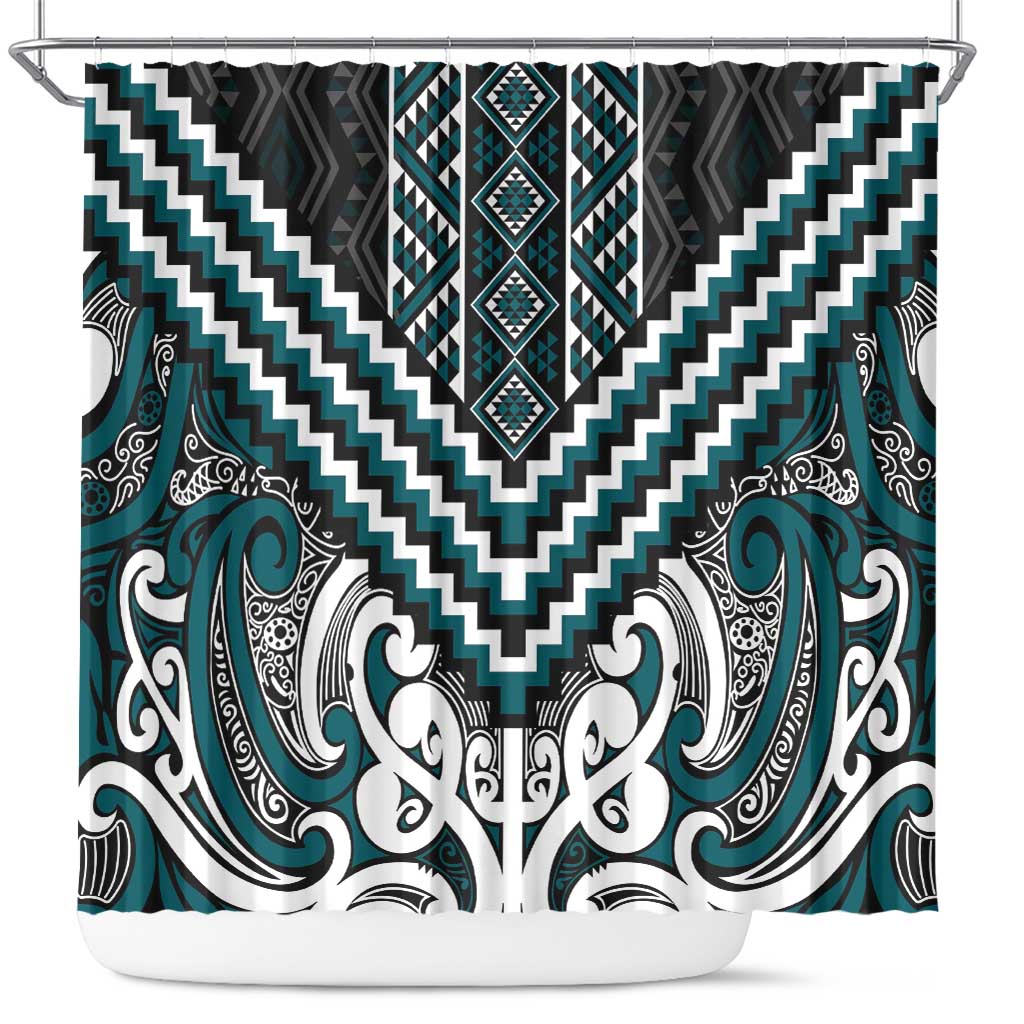 Maori Tukutuku Taniko Motifs Shower Curtain Teal Poutama Mix Kowhaiwhai