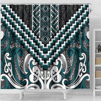 Maori Tukutuku Taniko Motifs Shower Curtain Teal Poutama Mix Kowhaiwhai