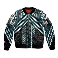 Maori Tukutuku Taniko Motifs Sleeve Zip Bomber Jacket Teal Poutama Mix Kowhaiwhai