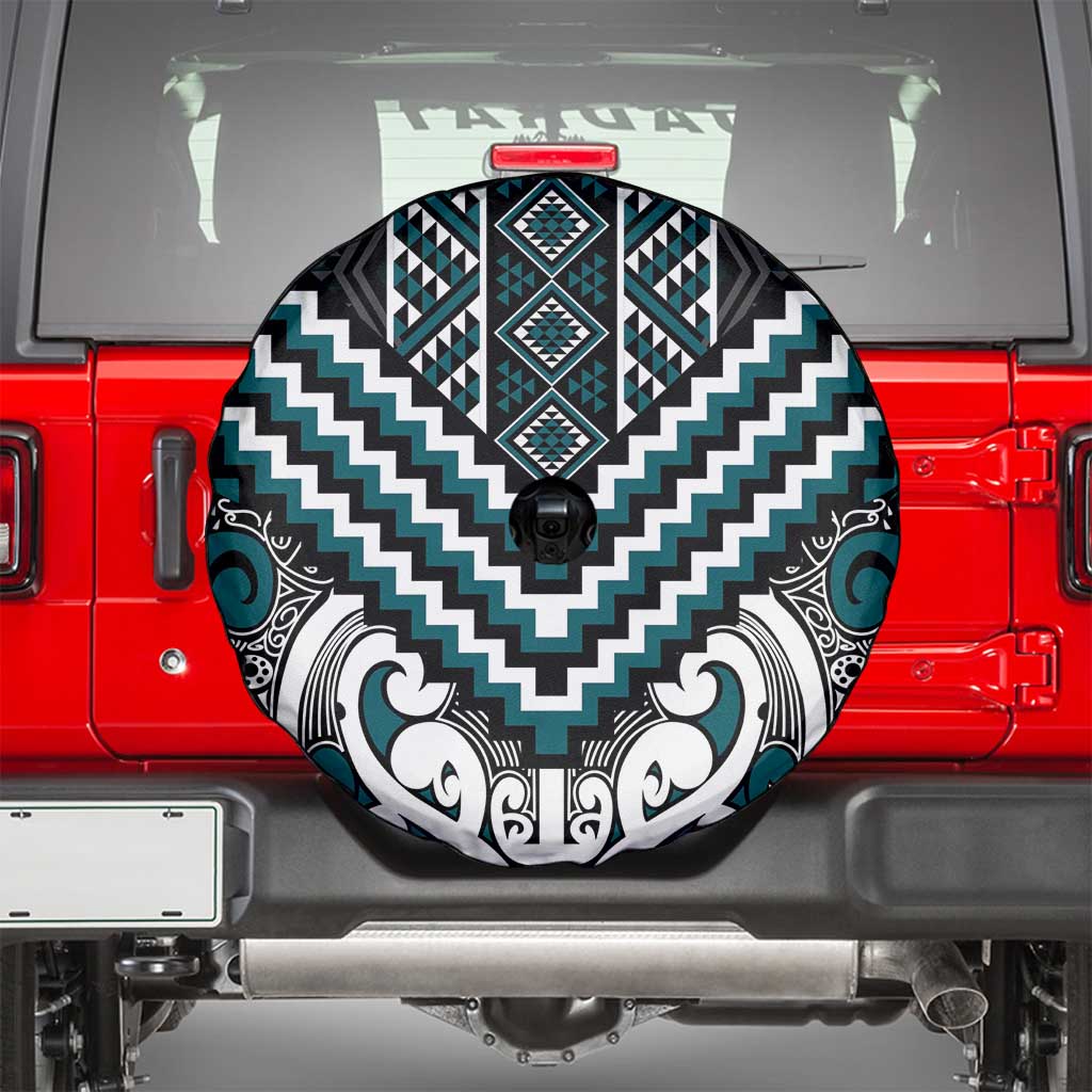 Maori Tukutuku Taniko Motifs Spare Tire Cover Teal Poutama Mix Kowhaiwhai
