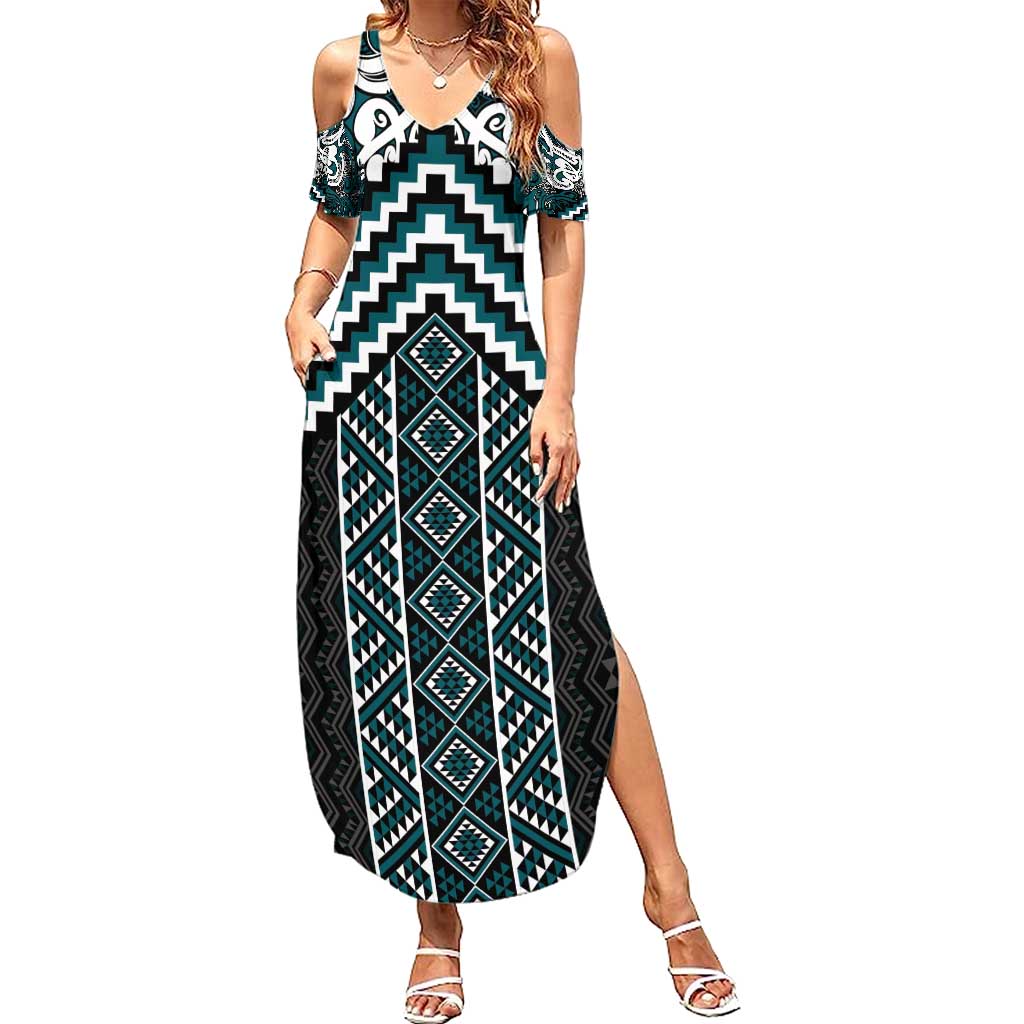 Maori Tukutuku Taniko Motifs Summer Maxi Dress Teal Poutama Mix Kowhaiwhai LT7 Women Teal - Polynesian Pride