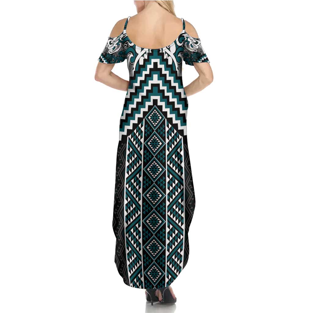 Maori Tukutuku Taniko Motifs Summer Maxi Dress Teal Poutama Mix Kowhaiwhai LT7 - Polynesian Pride
