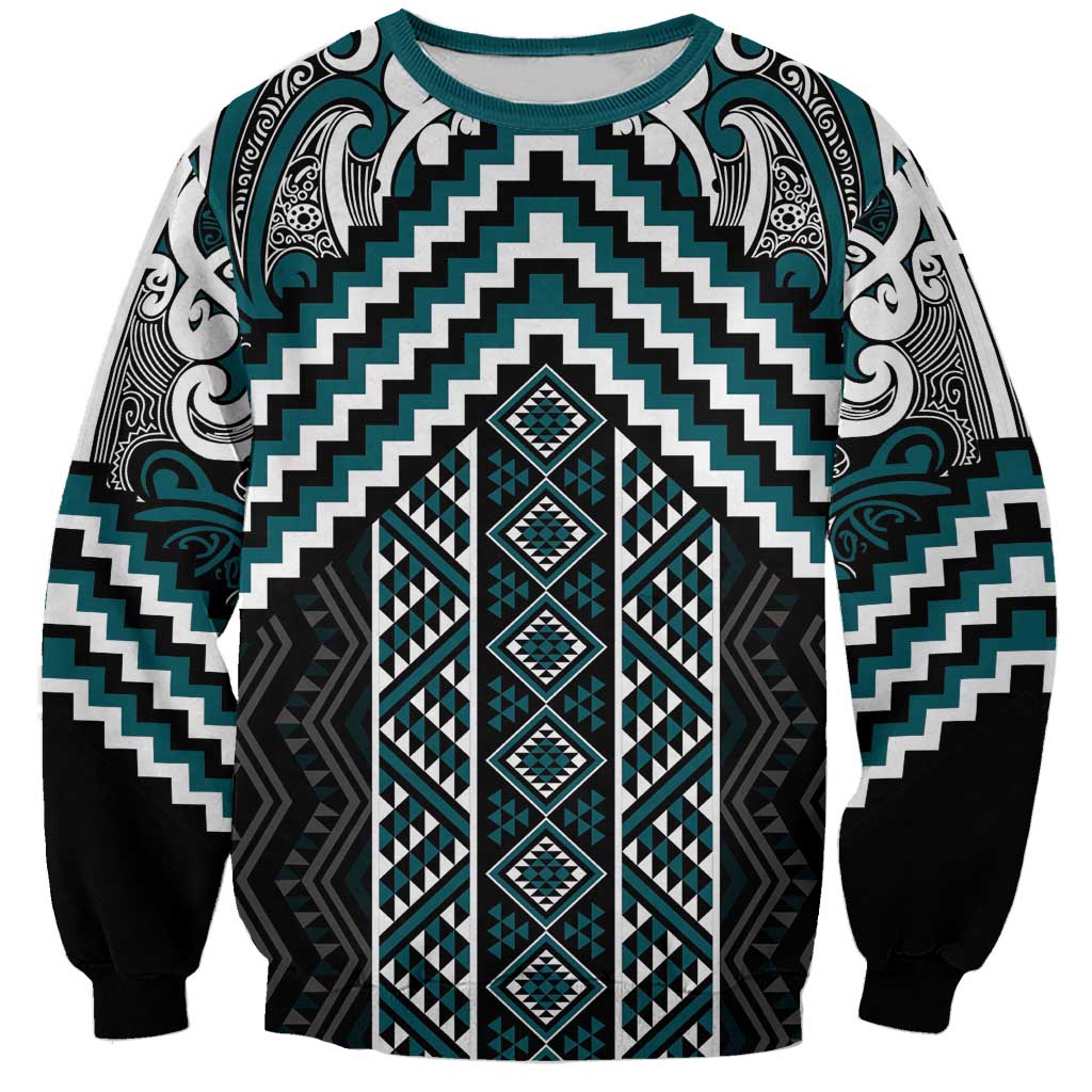 Maori Tukutuku Taniko Motifs Sweatshirt Teal Poutama Mix Kowhaiwhai LT7 Unisex Teal - Polynesian Pride