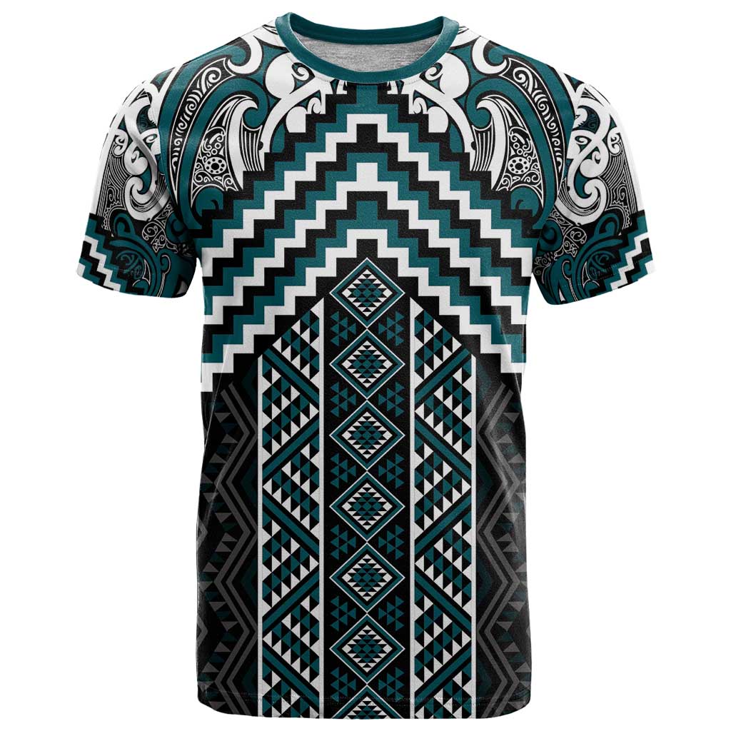 Maori Tukutuku Taniko Motifs T Shirt Teal Poutama Mix Kowhaiwhai