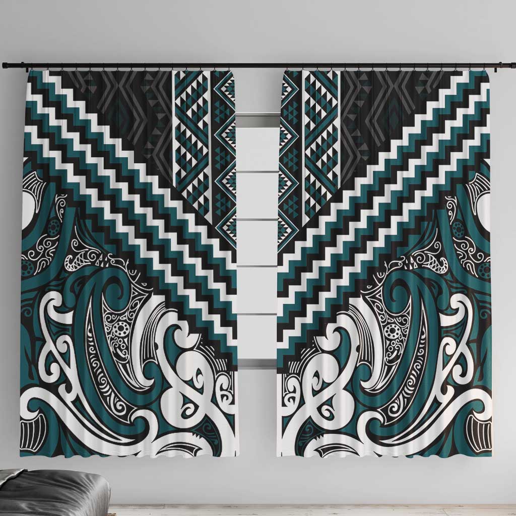Maori Tukutuku Taniko Motifs Window Curtain Teal Poutama Mix Kowhaiwhai LT7 With Hooks Teal - Polynesian Pride