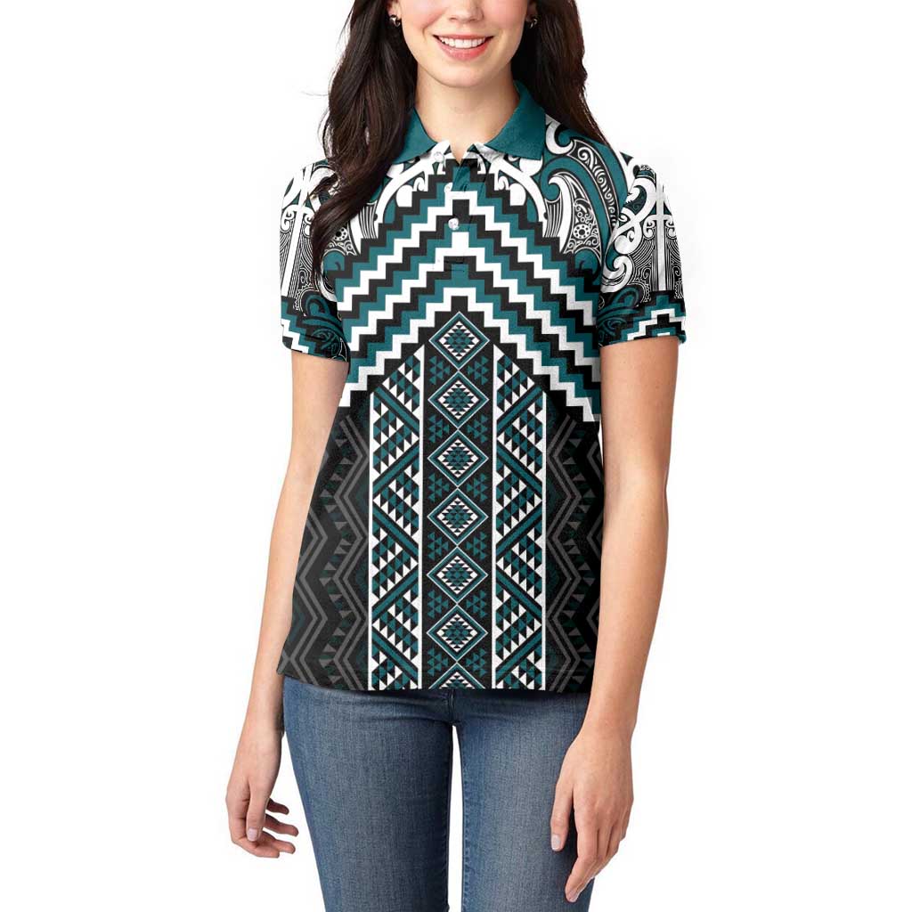 Maori Tukutuku Taniko Motifs Women Polo Shirt Teal Poutama Mix Kowhaiwhai