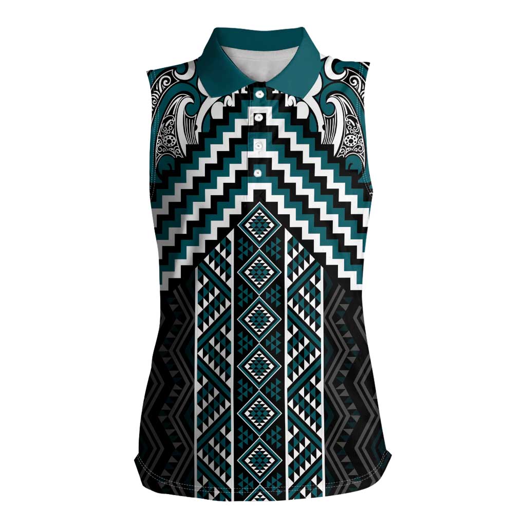 Maori Tukutuku Taniko Motifs Women Sleeveless Polo Shirt Teal Poutama Mix Kowhaiwhai
