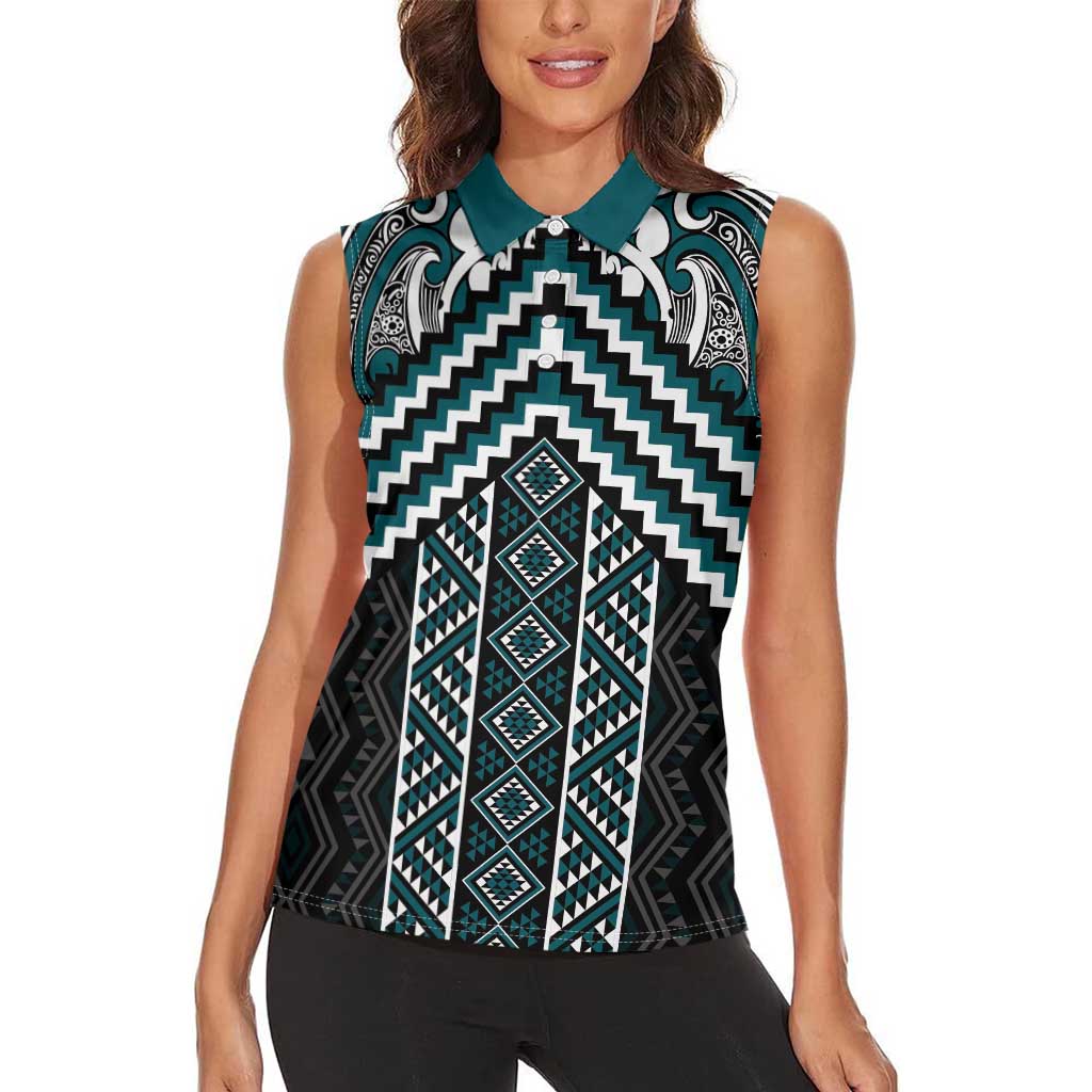 Maori Tukutuku Taniko Motifs Women Sleeveless Polo Shirt Teal Poutama Mix Kowhaiwhai