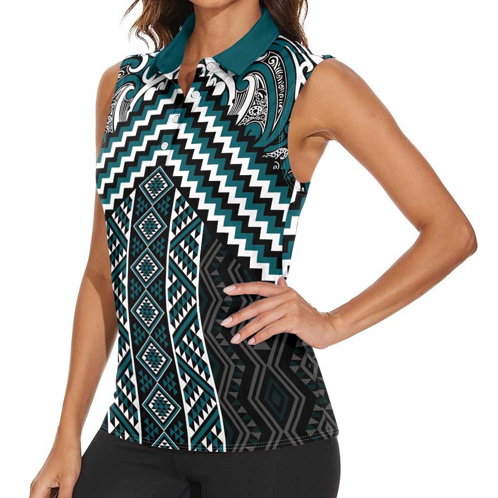 Maori Tukutuku Taniko Motifs Women Sleeveless Polo Shirt Teal Poutama Mix Kowhaiwhai