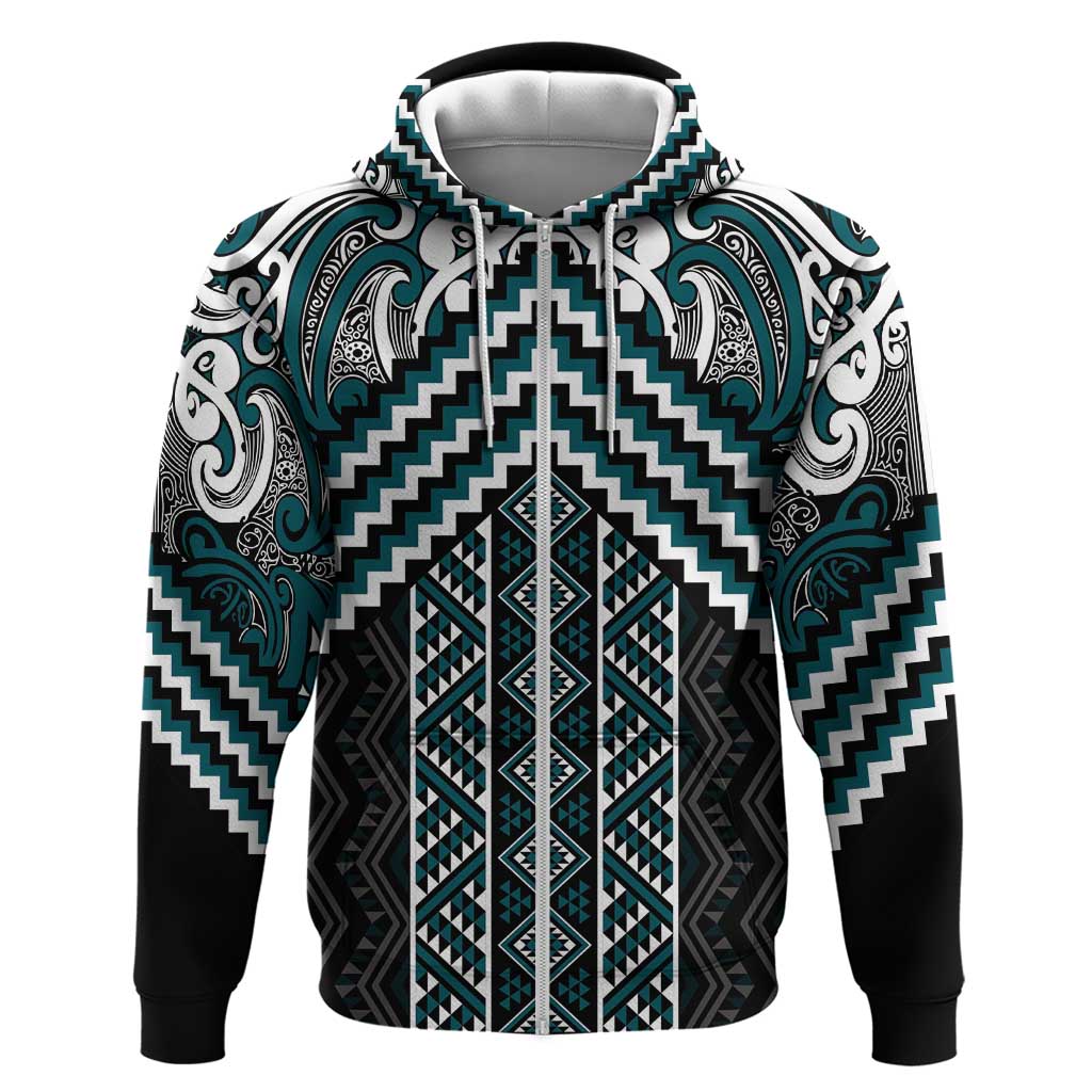 Maori Tukutuku Taniko Motifs Zip Hoodie Teal Poutama Mix Kowhaiwhai