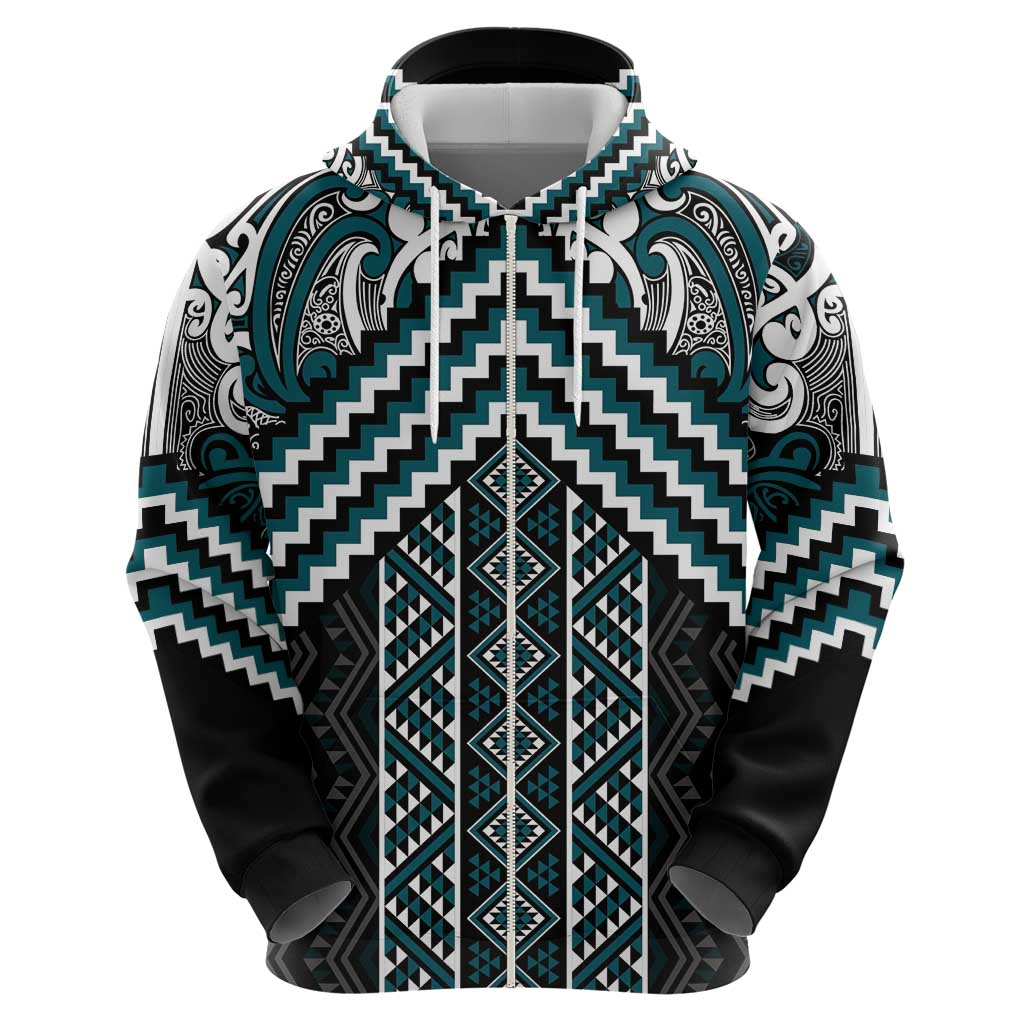 Maori Tukutuku Taniko Motifs Zip Hoodie Teal Poutama Mix Kowhaiwhai