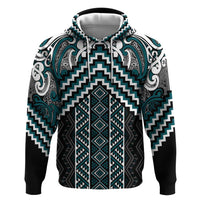 Maori Tukutuku Taniko Motifs Zip Hoodie Teal Poutama Mix Kowhaiwhai