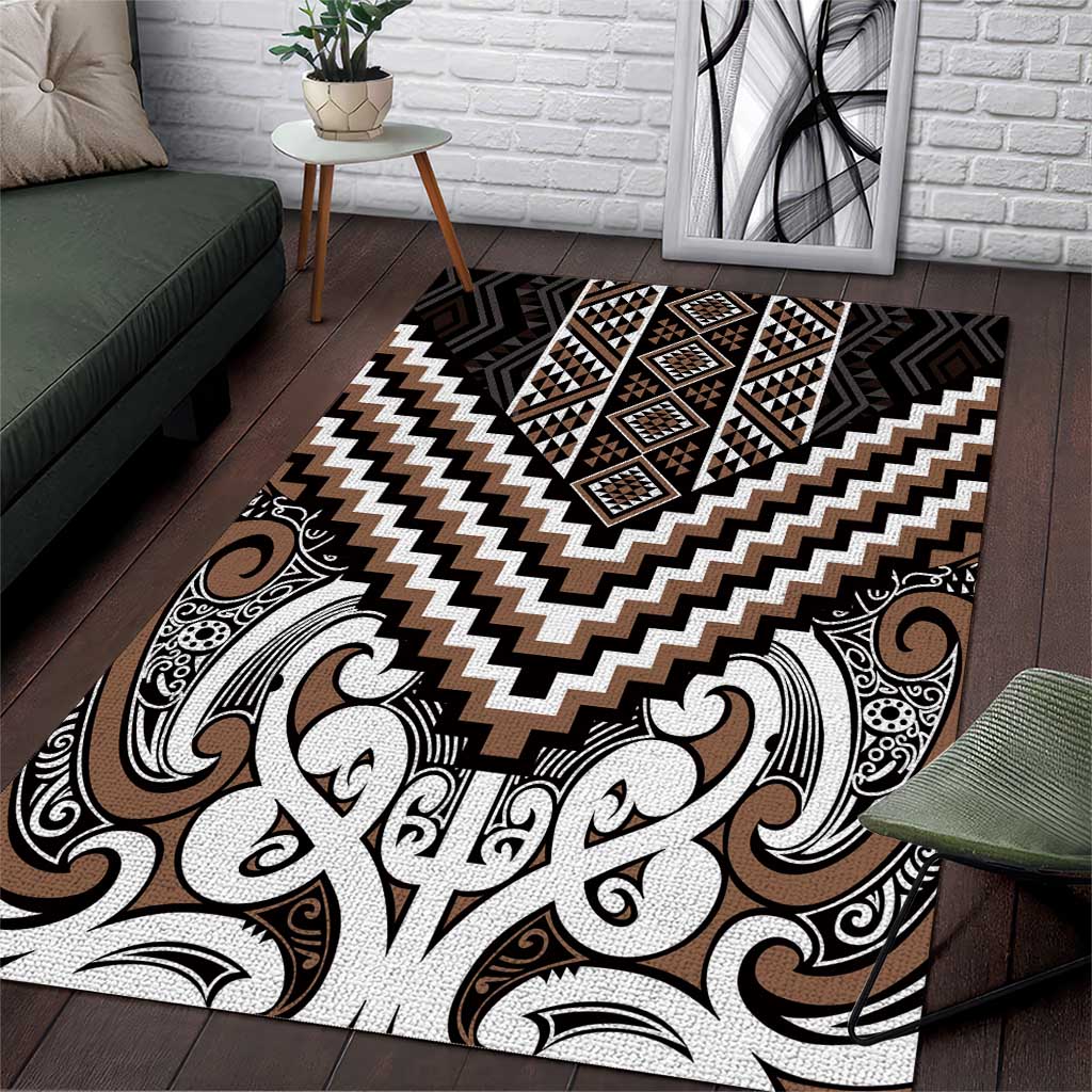Maori Tukutuku Taniko Motifs Area Rug Brown Poutama Mix Kowhaiwhai