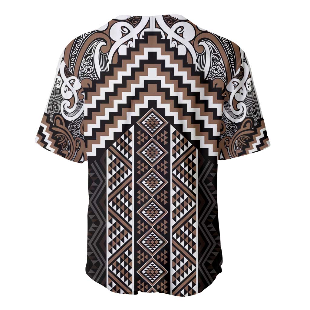 Maori Tukutuku Taniko Motifs Baseball Jersey Brown Poutama Mix Kowhaiwhai