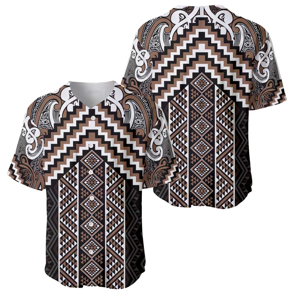 Maori Tukutuku Taniko Motifs Baseball Jersey Brown Poutama Mix Kowhaiwhai