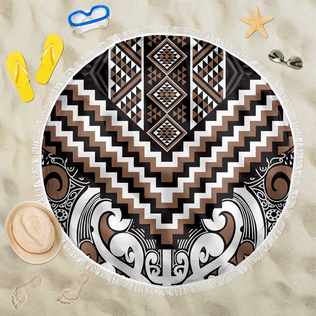 Maori Tukutuku Taniko Motifs Beach Blanket Brown Poutama Mix Kowhaiwhai LT7 One Size 150cm Brown - Polynesian Pride