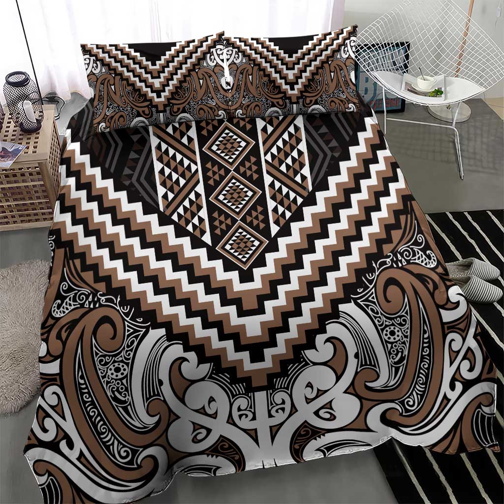 Maori Tukutuku Taniko Motifs Bedding Set Brown Poutama Mix Kowhaiwhai
