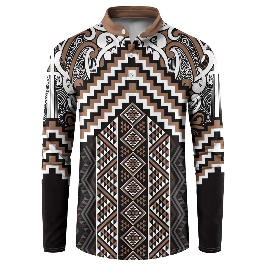 Maori Tukutuku Taniko Motifs Button Sweatshirt Brown Poutama Mix Kowhaiwhai LT7 Brown - Polynesian Pride