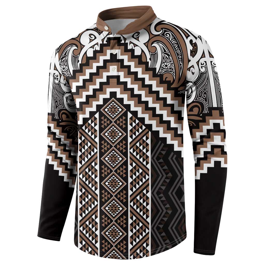 Maori Tukutuku Taniko Motifs Button Sweatshirt Brown Poutama Mix Kowhaiwhai LT7 - Polynesian Pride